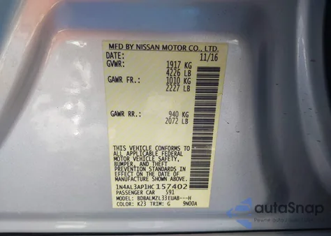 2017 Nissan Altima 2.5 Sv из США, поврежденный, VIN 1N4AL3AP1HC157402